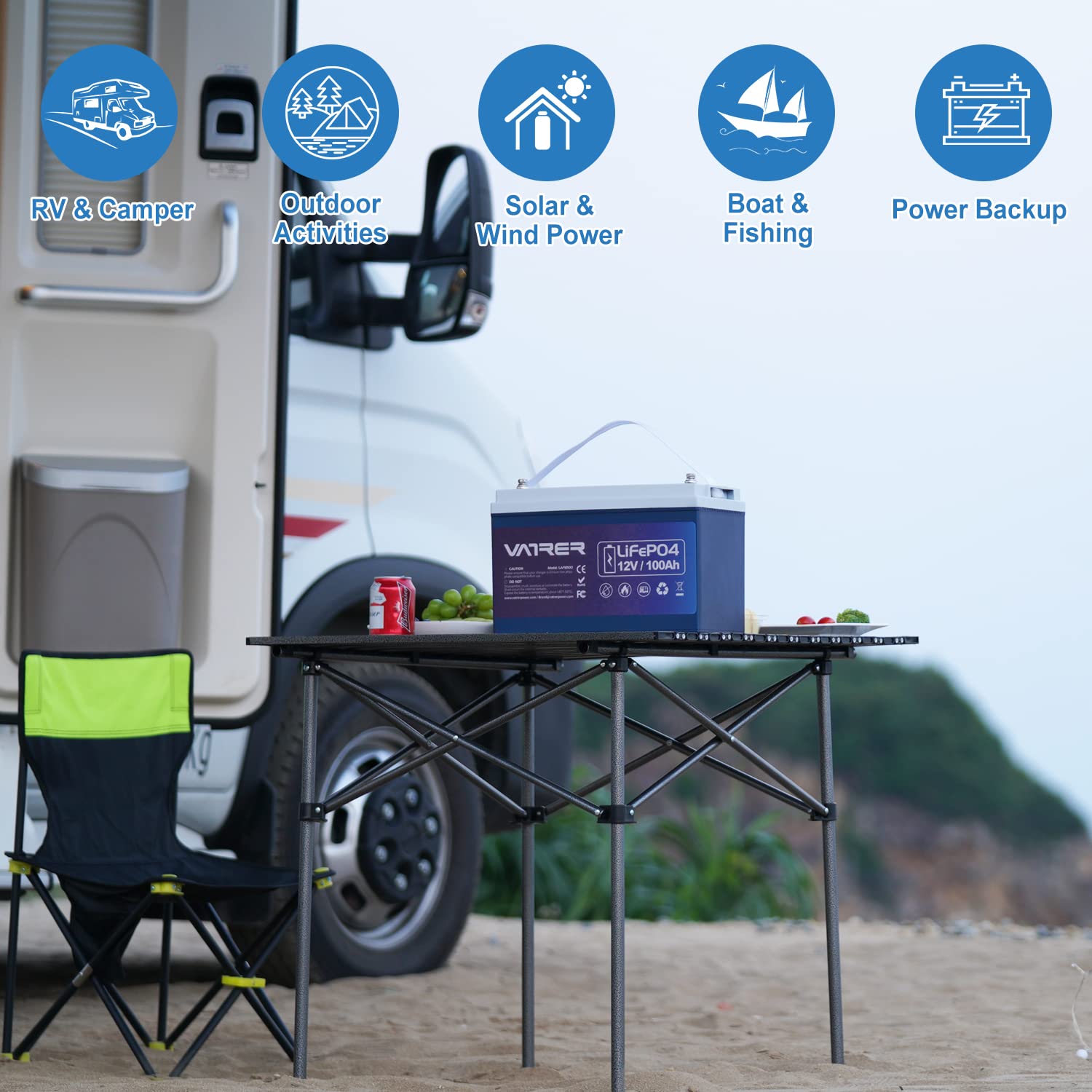 VATRER POWER 12V 100AH Low Temp Cutoff LiFePO4 Deep Cycle Battery with 1280W, Built-in 100A BMS, 5000+ Cycles Rechargeable Lithium Battery, Perfect for RV/Camper, Marine, Solar.