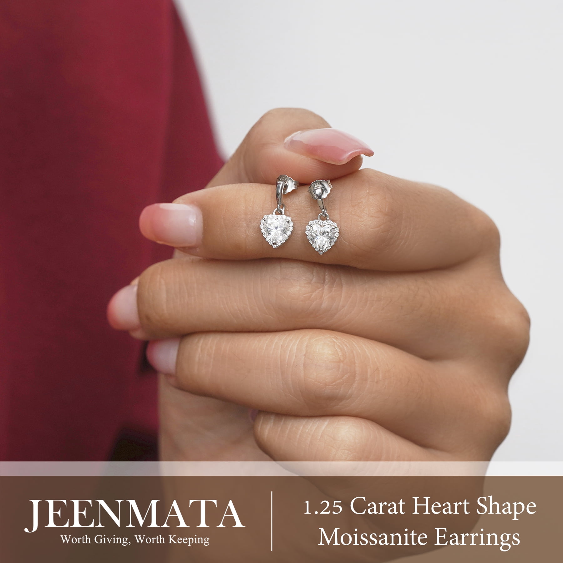 JeenMata Forever Heart 1.25 Carat - Moissanite - April Earrings in 18K White Gold Plating over Silver