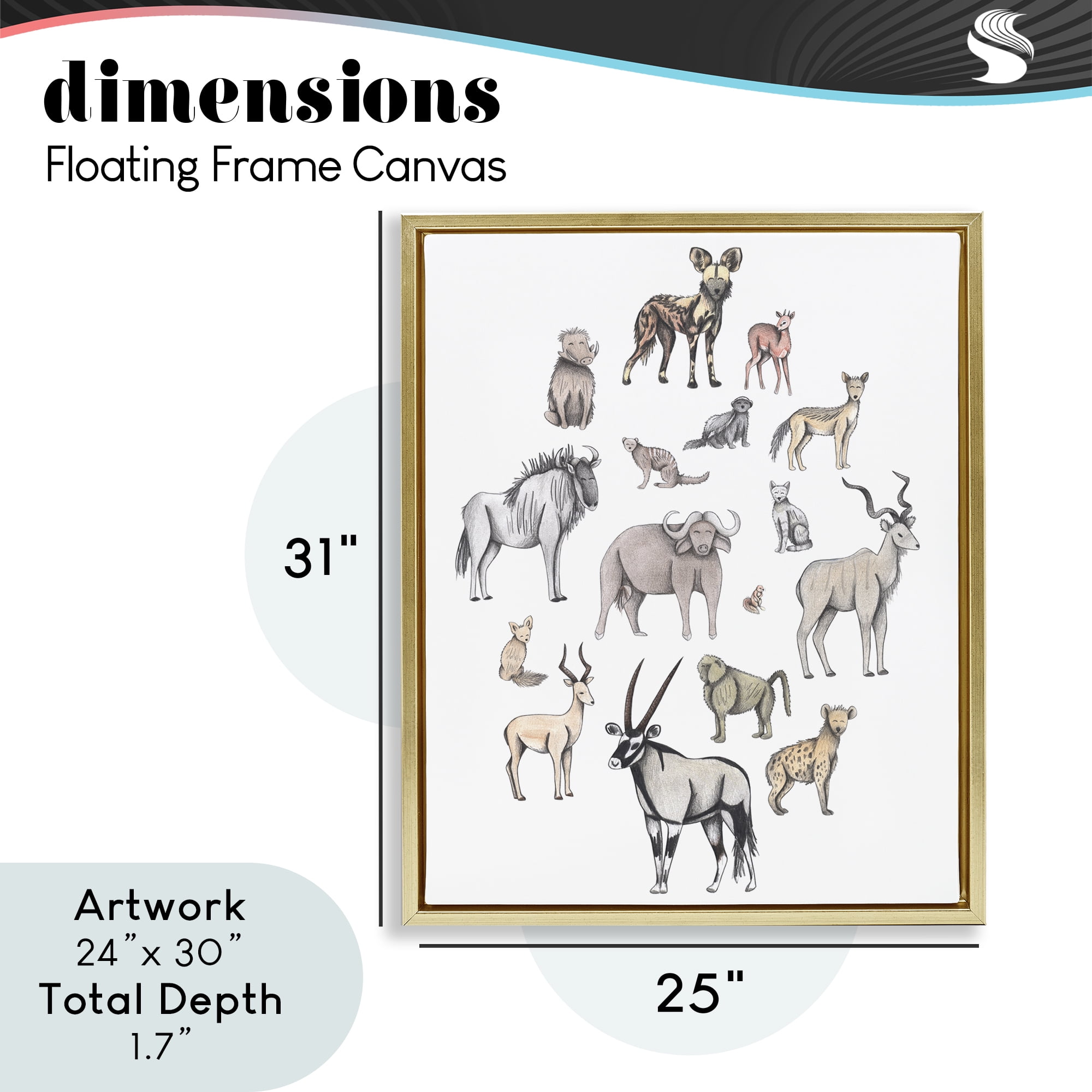 Simple Africa Animals Gold Framed Floater Canvas Wall Art, design by Cecilia Battaini