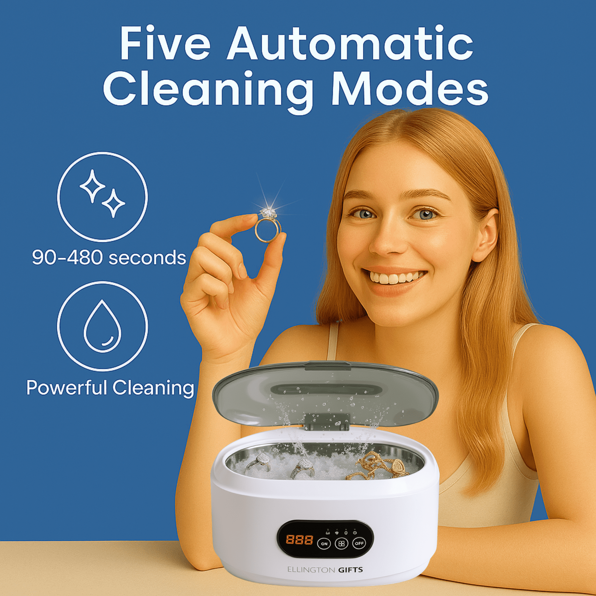 Ultrasonic Jewelry Denture Cleaner 22Oz – 48kHz Sonic Cleaner with 5 Timer Modes, 35W Power – for Rings, Retainers, Dentures, Eyeglasses, Silver, Watches, Coins & Jewelry Cleaning