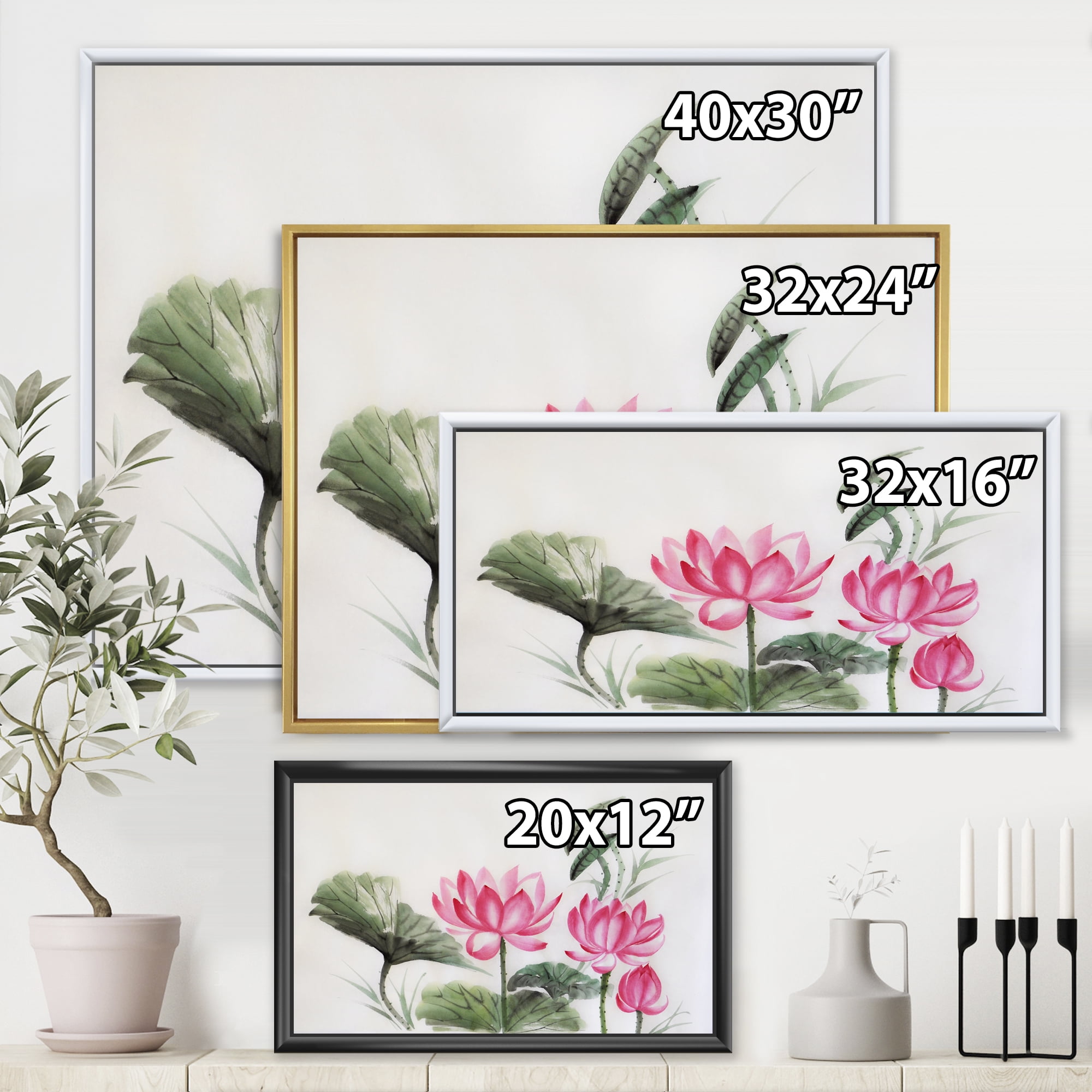Ancient Pink Lotuses In The Pond I 40 in x 30 in Framed Painting Canvas Art Print, by Designart