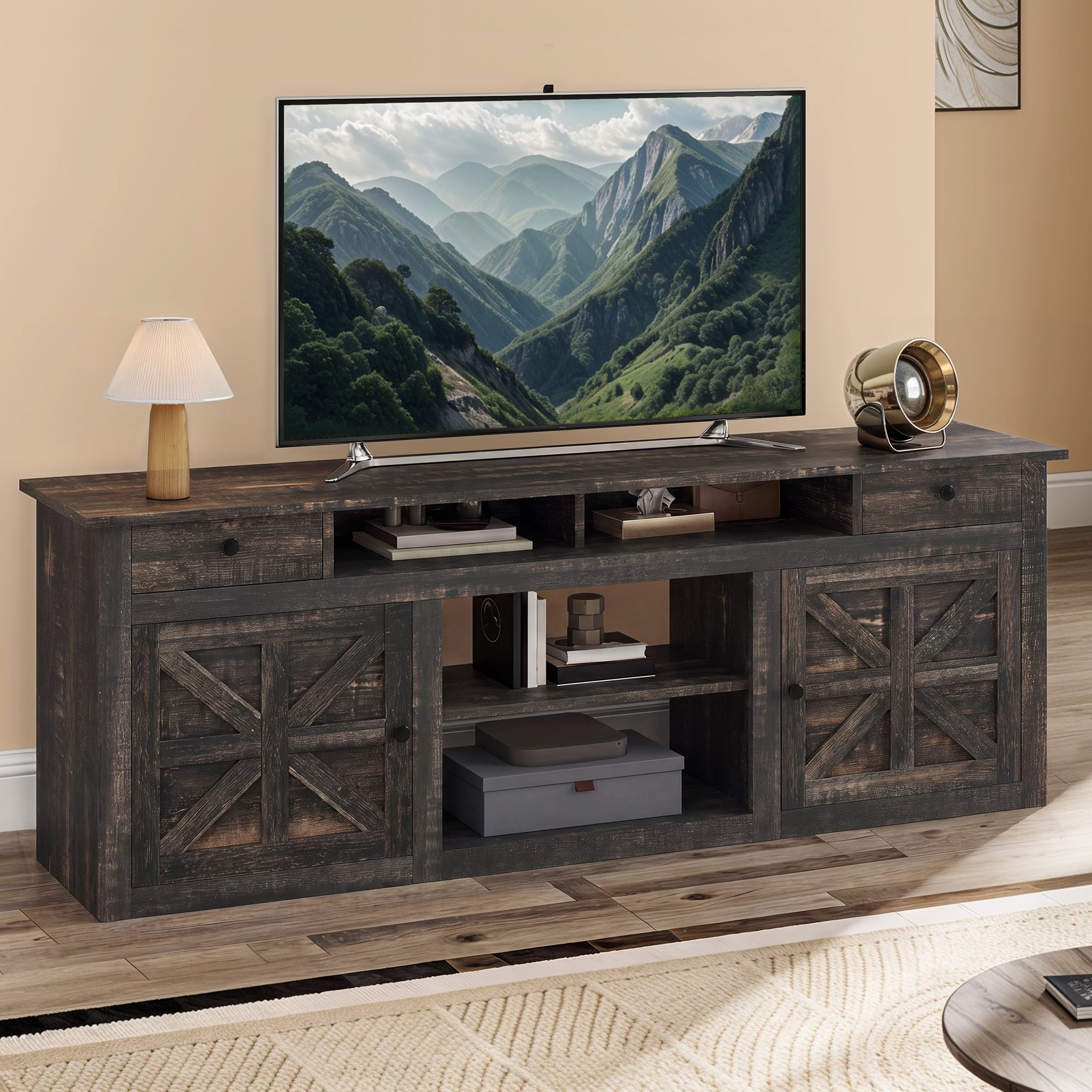 Uforic 70 Inch Dark Rustic Oak Farmhouse TV Stand, Entertainment Center with Power Outlet, Suitable for TVs Up to 80 Inches, TV Console with Storage Drawer and Adjustable Partition