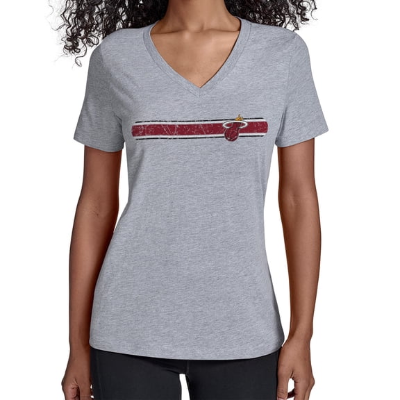 Women's Starter Gray Miami Heat Team Stripe V-Neck T-Shirt