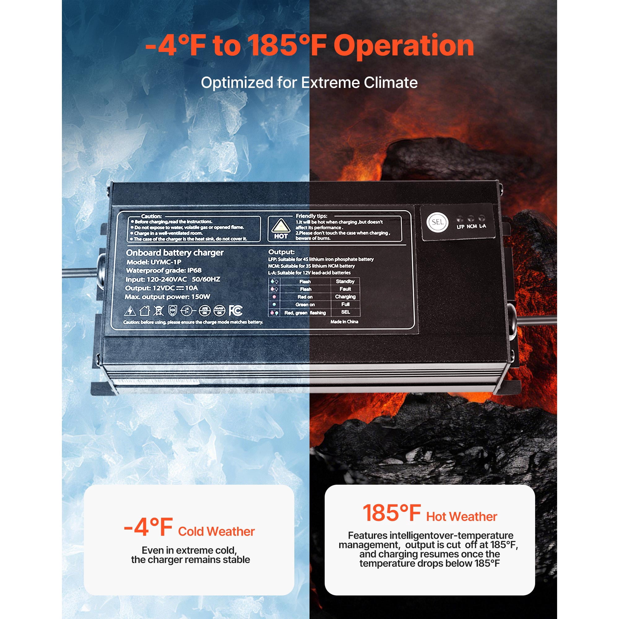 KFFKFF 1-Bank 10A 12V Onboard Marine Battery Charger, IP68 Waterproof Smart Charger for Lithium-Ion (LiFePO4), NCM, and Lead-Acid Batteries, Suitable for Boats, Yachts, RVs, and Trailers