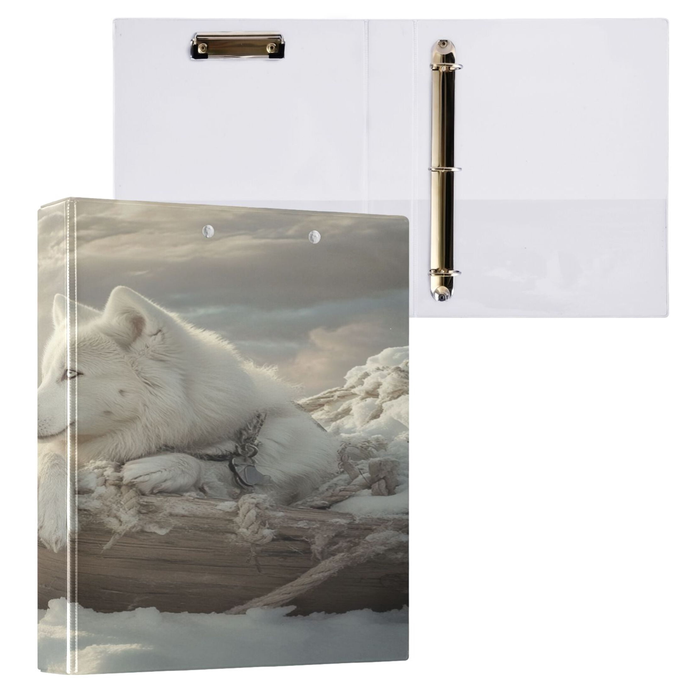 WOBOGO White Alaskan Dog File Folders Extra Large Capacity to Hold 200 Sheets of Documents Hard Shell Ring Binder for School Home Office