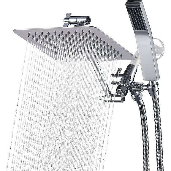 G-Promise All Metal Dual Square Shower Head Combo,8" Rain Shower Head,Handheld Shower Wand with 71" Extra Long Flexible Hose,Smooth 3-Way Diverter,Adjustable Extension Arm - A Bathroom Upgrade Polished Chrome