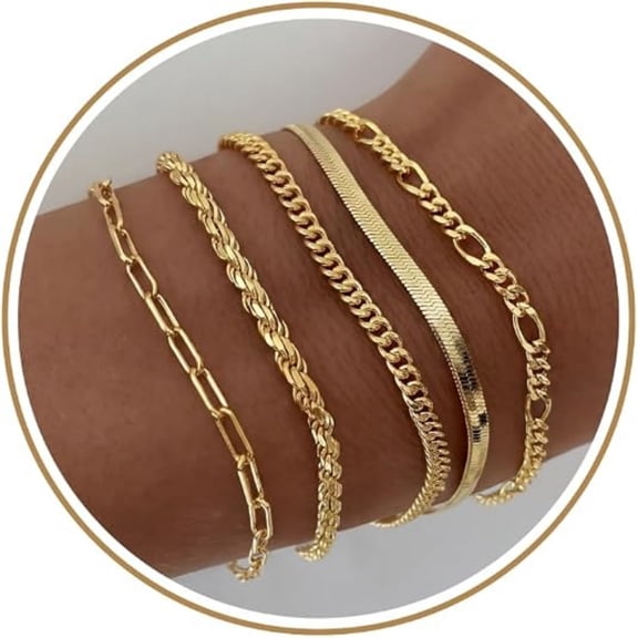 Gold Bracelets for Women, 14K Gold Plated Jewelry Sets for Women Trendy Thin Dainty Stackable Cuban Link Paperclip Chain Bracelet Pack Fashion Accessories Gifts