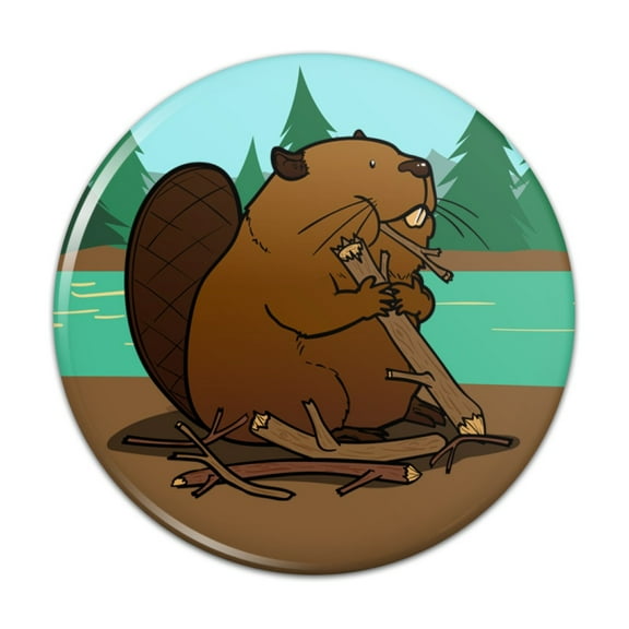Beaver Chomping Wood Pinback Button Pin