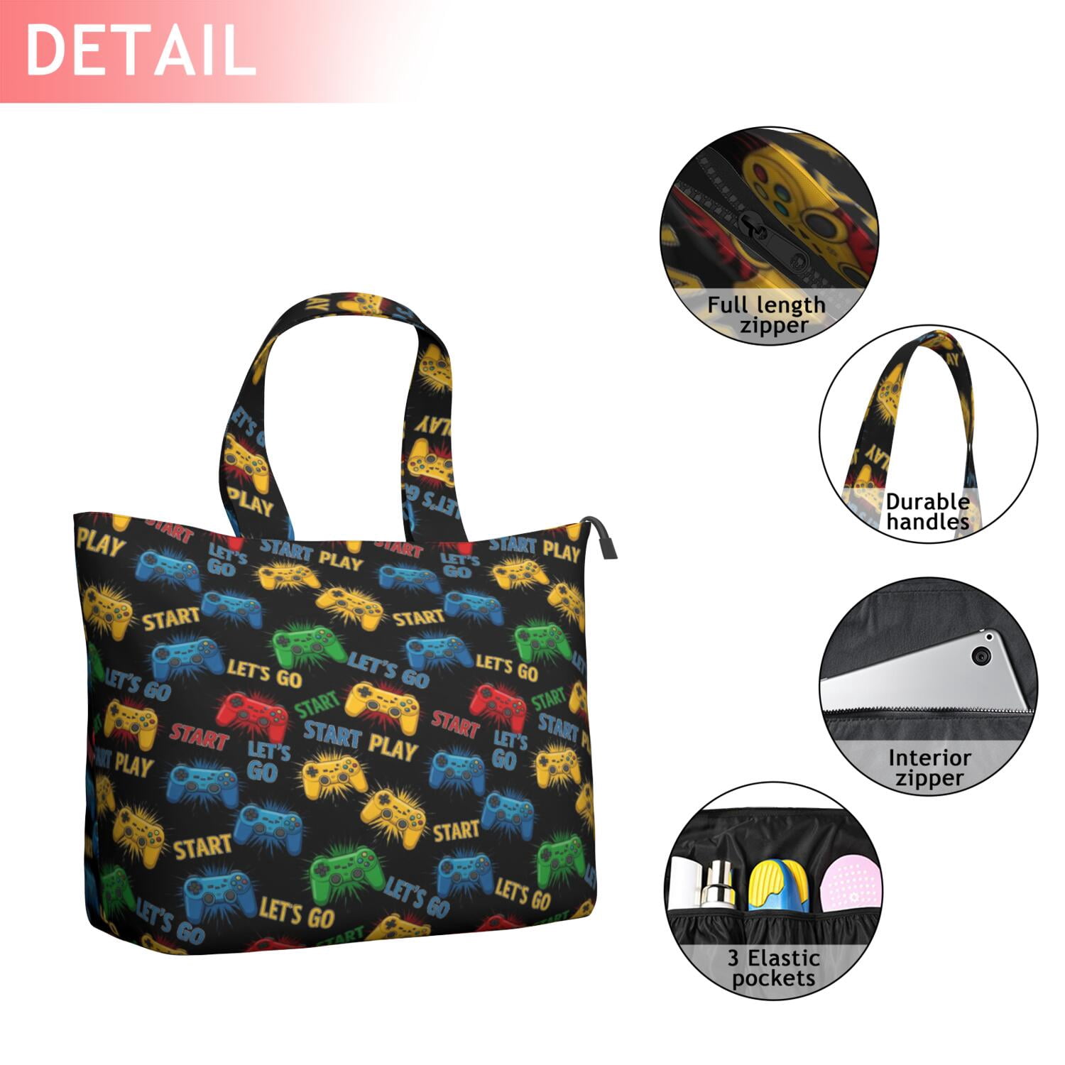 Colorful Controllers Games Icons Black Pattern Travel Tote Bags for Women Carry On,Large Weekender Bags for Women Travel,Multi Functional Duffle Bag for Work,Shopping,Sports