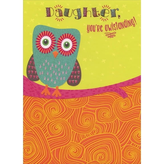 Designer Greetings Cute Owl on Pink Branch with Glitter Accents: Daughter Birthday Card