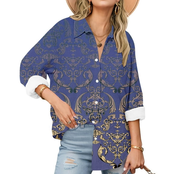 absuyy Shirts Button Up for Women Long Sleeve Lapel Floral Printed Casual Tops Multicolor Shirt Size L