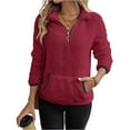 thumbnail image 2 of Fshiont Quarter Zip Pullover Women Cable Fuzzy Fleece Pullover Sherpa Fall Warm Oversized 3/4 Zip Sweatshirt with Pocket Wine S, 2 of 6
