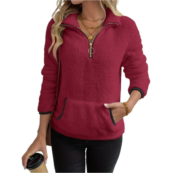 Women's Fall Winter Lapel Sweatshirts Long Sleeve Quarter Zip Cropped Solid Color Pullover Fashion Clothes With Pockets