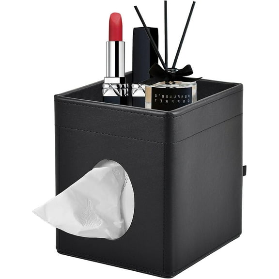Tissue Box Cover Square Tissue Box Holder PU Leather Facial Tissues Organizer with Storage Tray for Bathroom Vanity Bedroom Office Car, Stylish Napkin Caddy Decorative Organizer (Black)