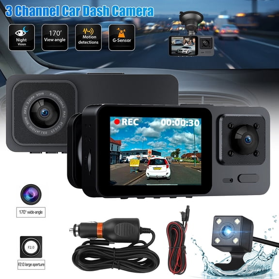 1080P Dash Camera for Cars Three Way Triple Car Camera with IR Night Vision, 3 Channel Dash Cam Front and Rear Inside