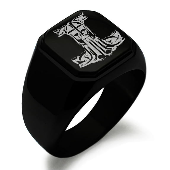 Stainless Steel Thor's Hammer Mjolnir Celtic Viking Rune Engraved Square Flat Top Biker Style Polished Signet Ring