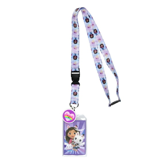 Gabby's Dollhouse Lanyard Badge Holder Character Design Strap With Card and 2" Rubber Rainbow Cat Pendant