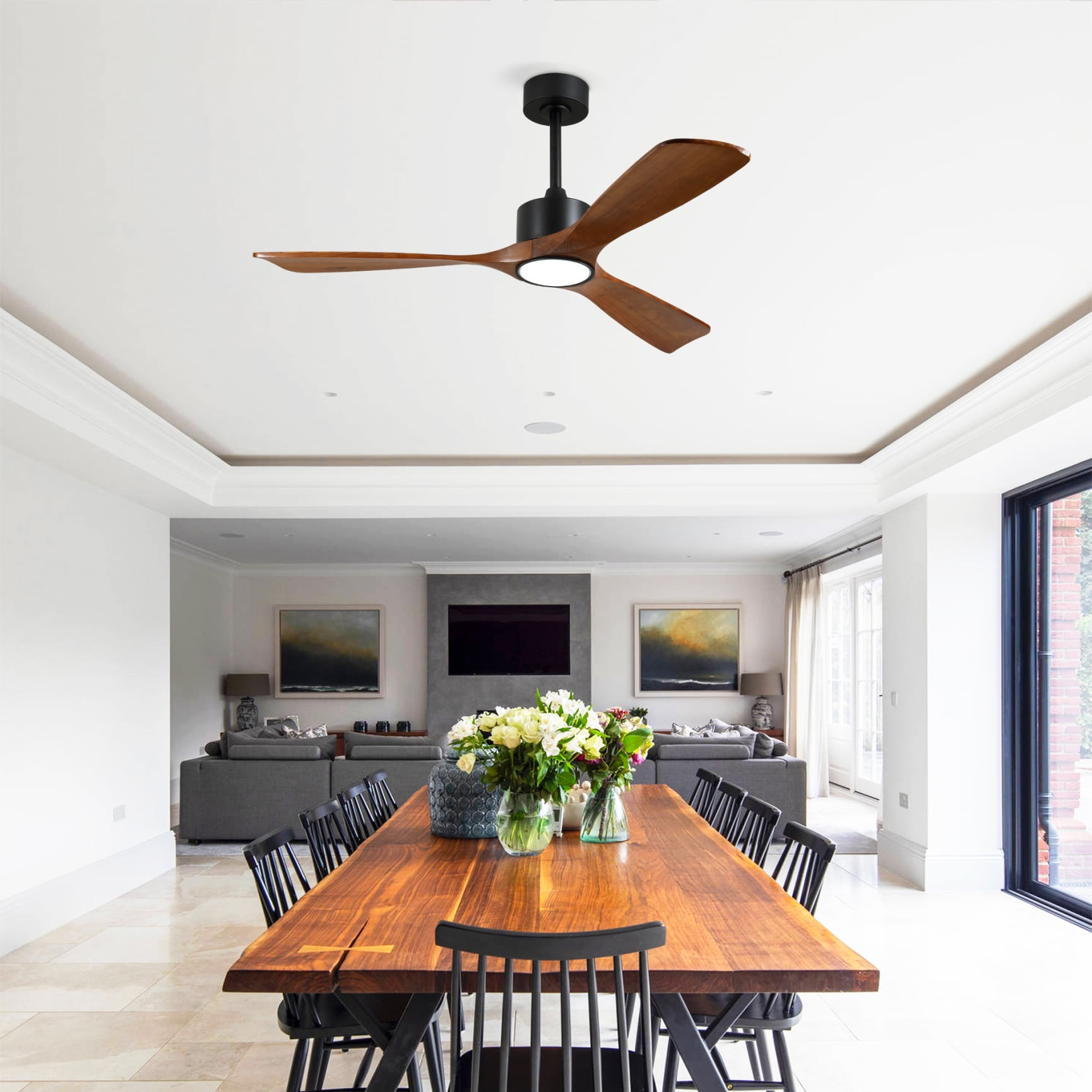 52 Inch Solid Wood Ceiling Fan With Dimmable LED Light Kit And Remote Control 6 Speed DC Motor For Living Room Bedroom Patio Indoor Use Matte Black