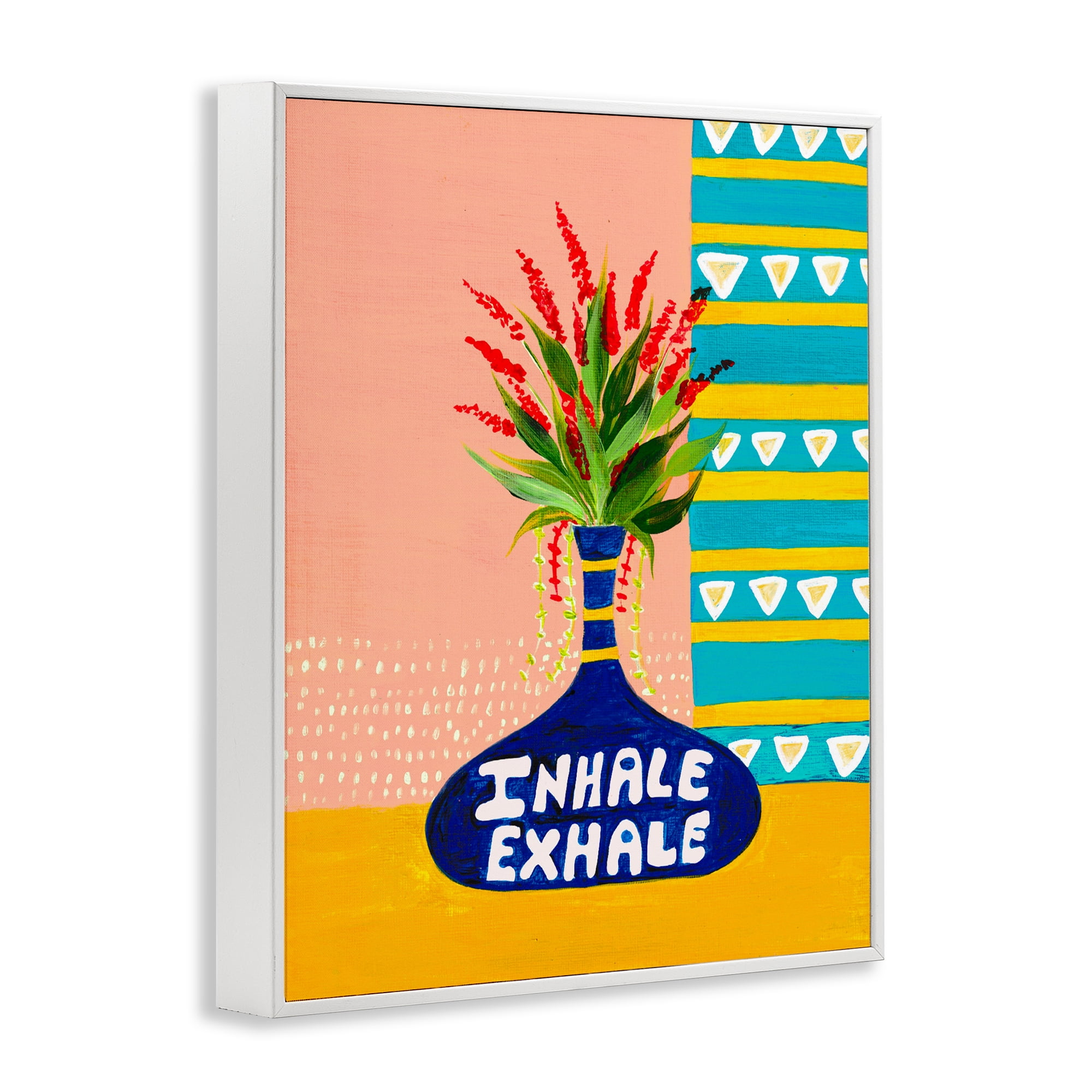 Inhale Exhale Flower Vase White Framed Giclee Art, design by Nabeela Rumi