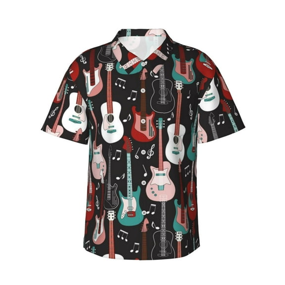 Guitar Pattern Hawaiian Shirts For Men, Summer Short-Sleeve Relaxed-Fit Button-Down Shirts Medium