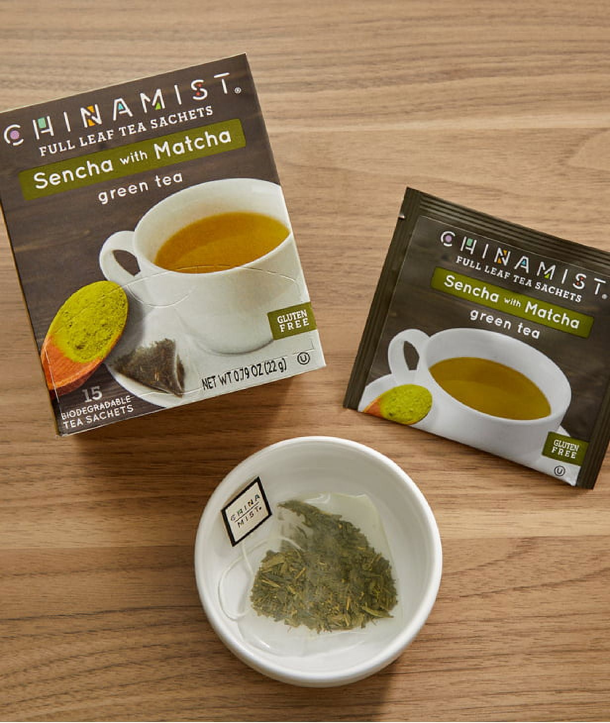 China Mist Sencha With Matcha Green Tea Sachets 4/15 Count, Biodegradable and Individually Wrapped