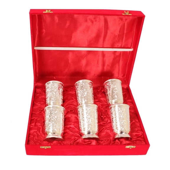 Indian Art Villa Handmade Silver Plated Designer Glasses, with Red Velvet Gift Box, Gifting and Decorative, Set of 6 – 9.5 oz Each