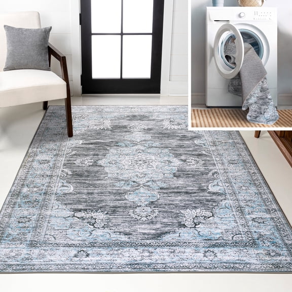 JONATHAN Y WASHABLE 5 x 8 Area Rug, Bausch Bohemian Distressed Chenille - Dark Gray/Blue, WSH201D-5