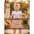 thumbnail image 3 of Loicainy Baby Toddler Girls Summer Outfits 3 6 12 18 Months Short Sleeve O Neck Letter Embroidery Romper Bow Print Pants Headband Clothes Set, 3 of 9