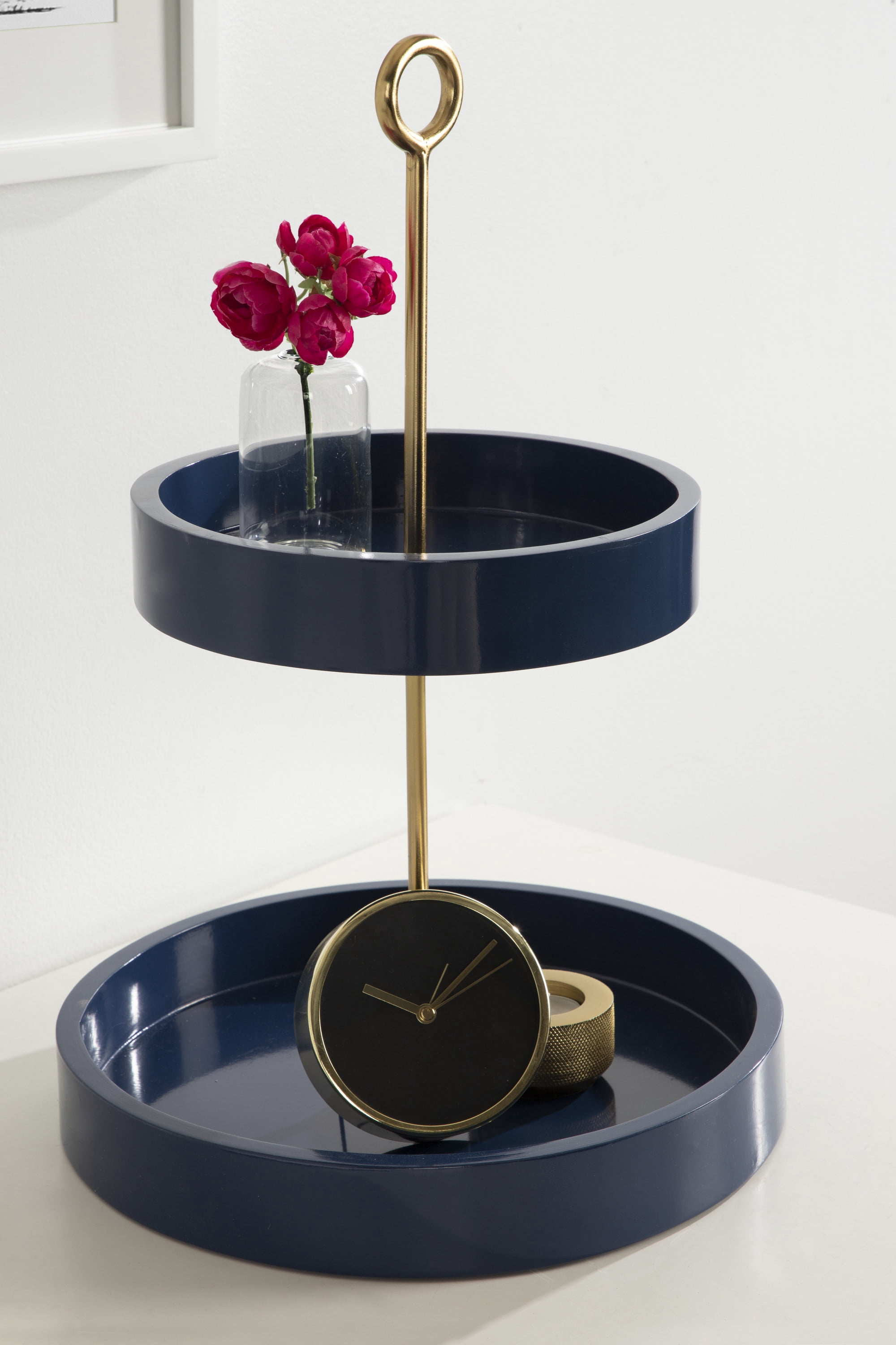 Kate and Laurel Lipton Modern Two Tier Tray, 13 x 13 x 20, Navy and Gold, Glam Decorative Tray