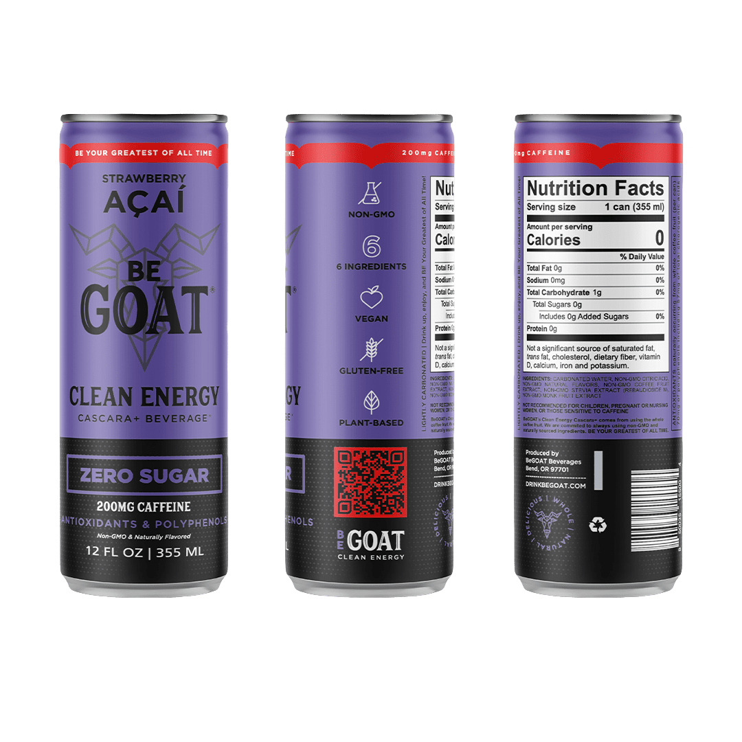 BeGOAT Strawberry Acai Zero Sugar Clean Energy Drink, 12 oz can (12 Pack)