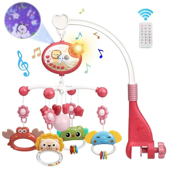 Baby Red Crib Mobile with Music Lights Star Projection Hanging Rotating Toys Baby Crib Toys with Remote Contorl Infant Bed Decoration for Baby Boys Girls,Gift for Baby Shower