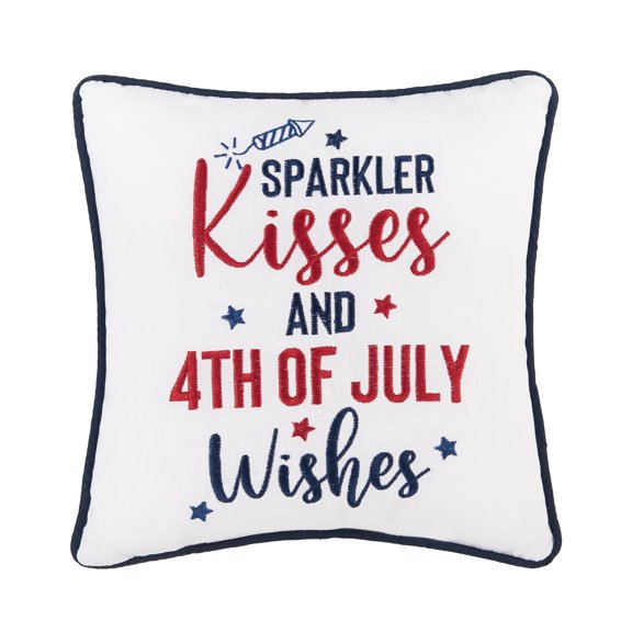 Patriotic "Sparkler Kisses & 4th of July Kisses" Embroidered Mini Square Accent Pillow, 10" x 10"