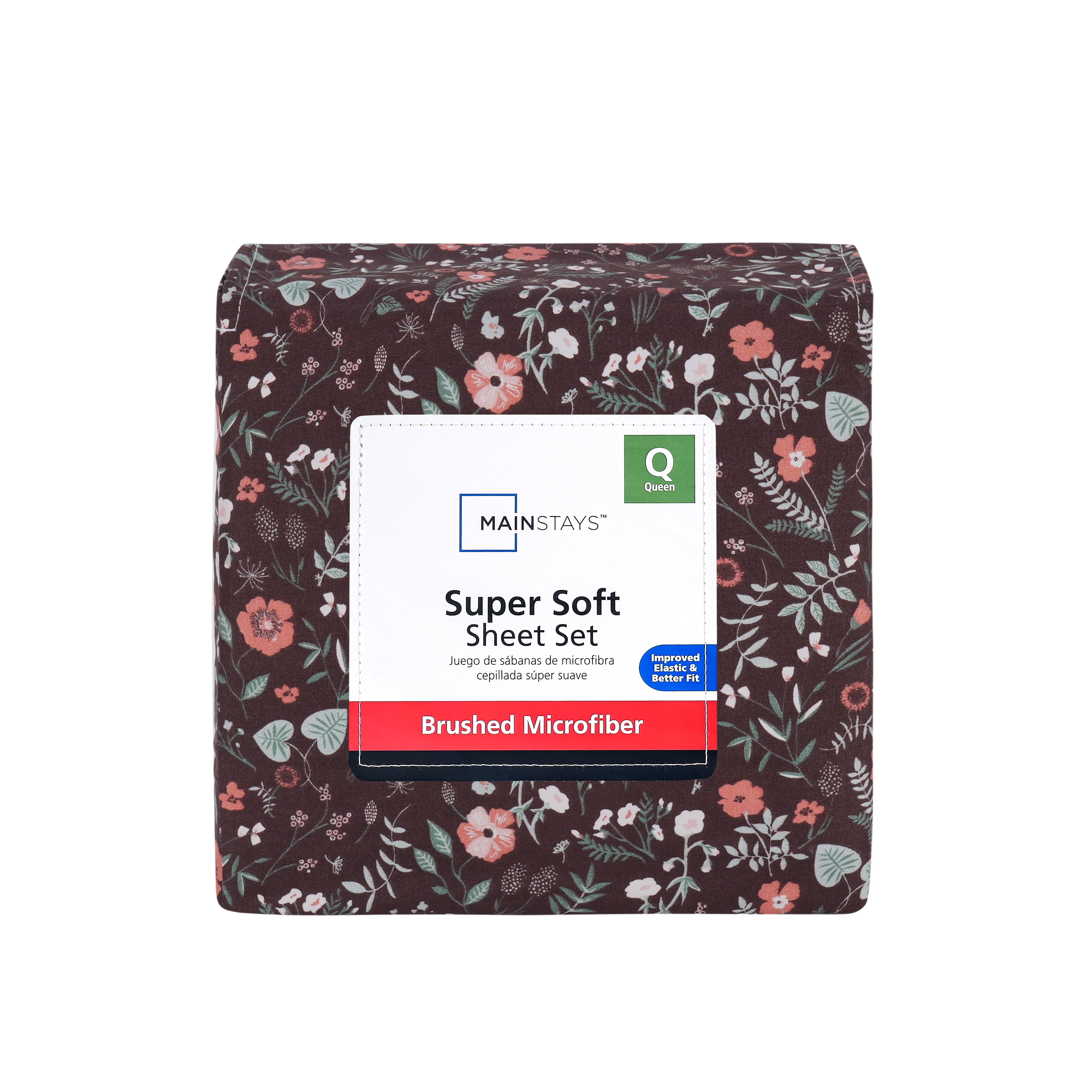 Mainstays Super Soft Brushed Microfiber Bed Sheet Set, Dark Brown Floral, Queen, 4 Piece
