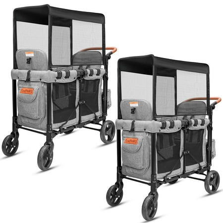 TouHeart Wagon Stroller for 2 Kids with Canopy, Removable Seats, 5-Point Harness, Gray,Set of 2