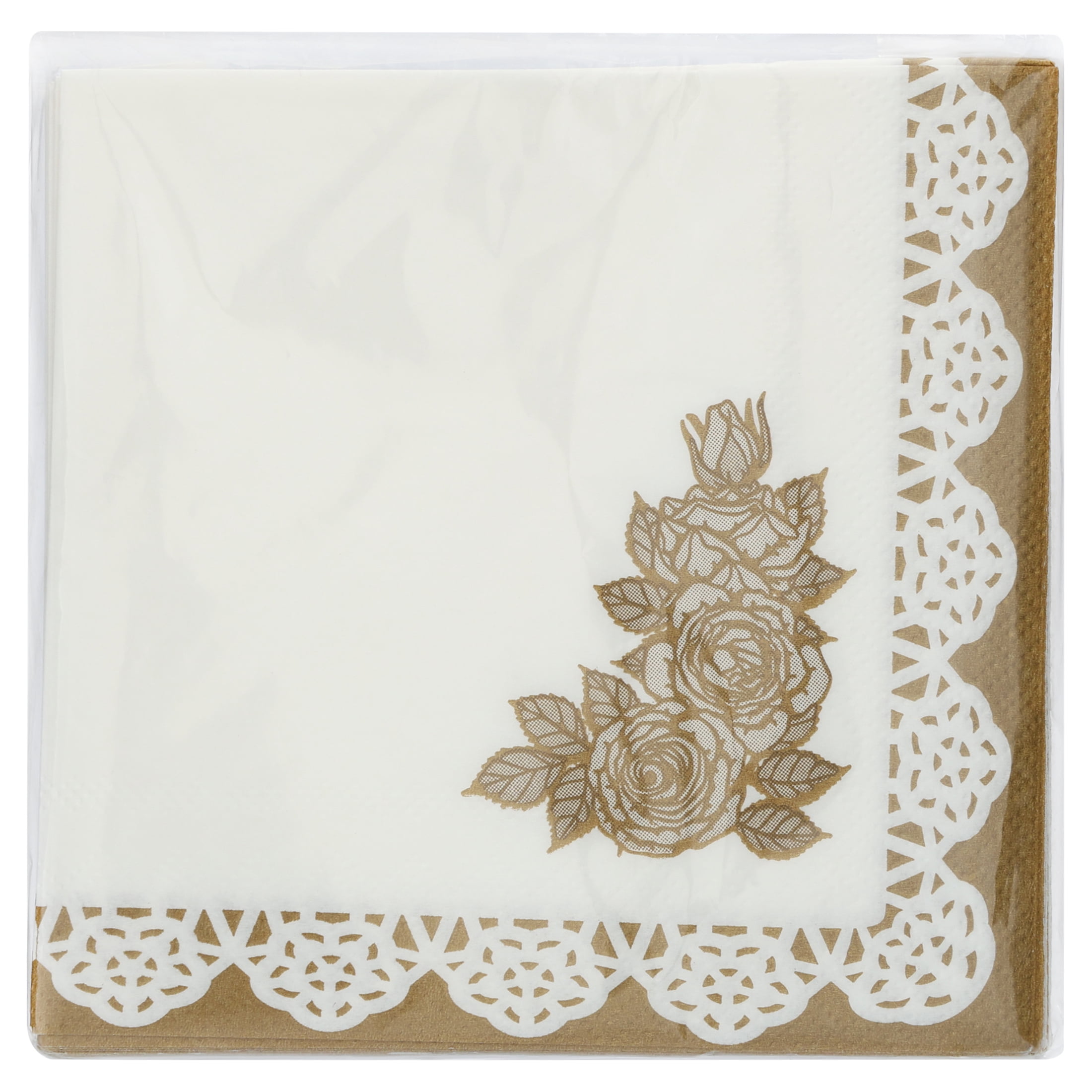 20 Count, 5IN x 5IN Disposable Tea Party Floral Napkins, Gold and White, Vintage Finds by Way to Celebrate
