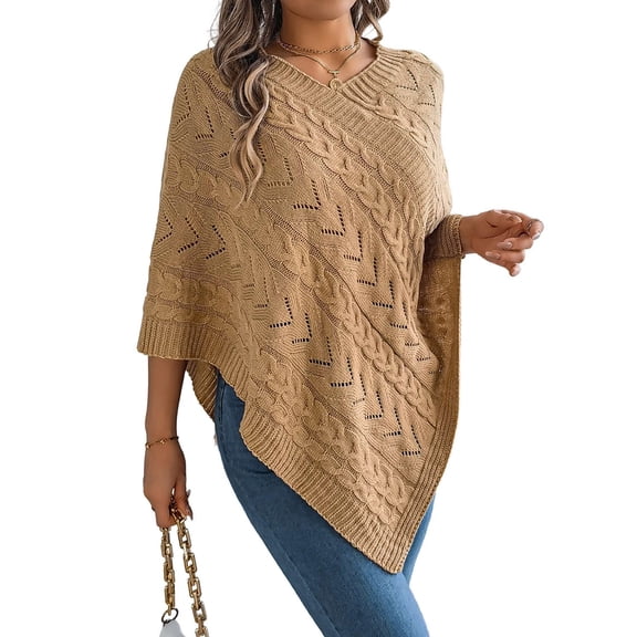 Women Knit Poncho Sweater Irregular Hallow Out Cape Casual Fashion Knitted Shawl Wraps Fall Winter Khaki S