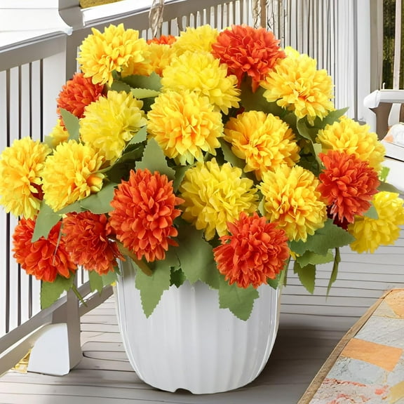 12 Pcs Fall Artificial Chrysanthemums Flowers for Outdoor Autumn Silk Florals with 6 Heads Flower Fall Fake Mums Faux Bouquets for Garden Yard Porch Patio Decor(Light Yellow, Orange, Yellow)