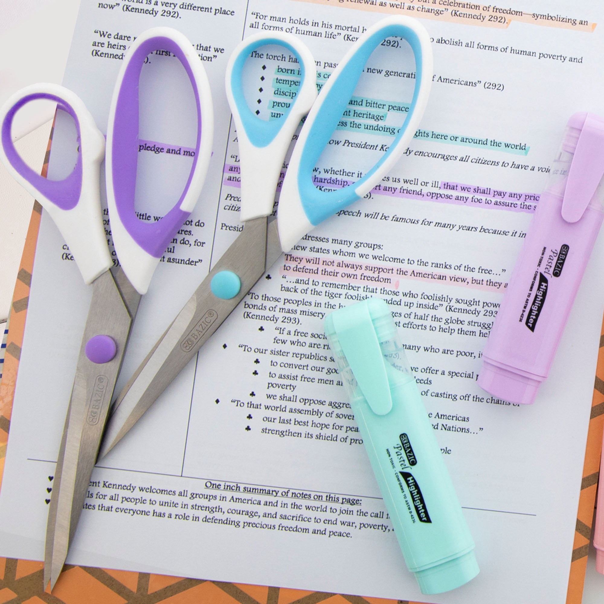 BAZIC 8" Pastel Stainless Steel Scissors, Soft Grip, Sharp Scissor Blades, 24-Pack