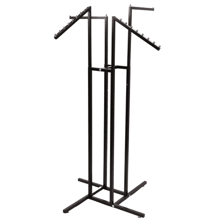 SSWBasics Versatile T Shirt Display Rack - Adjustable Height Clothing Display with 4 Arms (2 Straight & 2 Slant) - Durable Black Retail Clothing Rack for Shirts Dresses - Easy Assembly