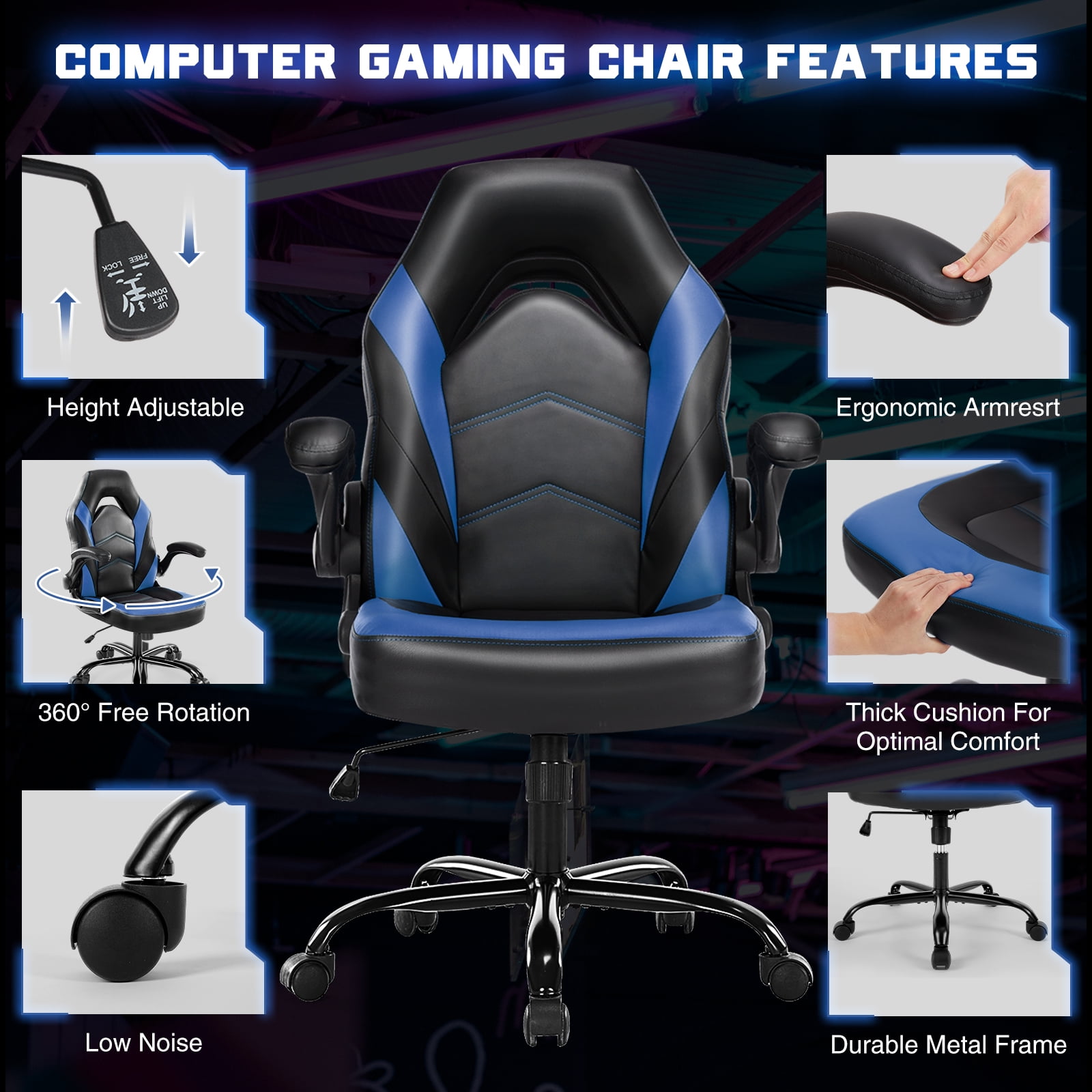 CONCETTA High-Back Gaming Office Chair, Faux Leather Swivel with Flip-up Armrests for Adults, Blue