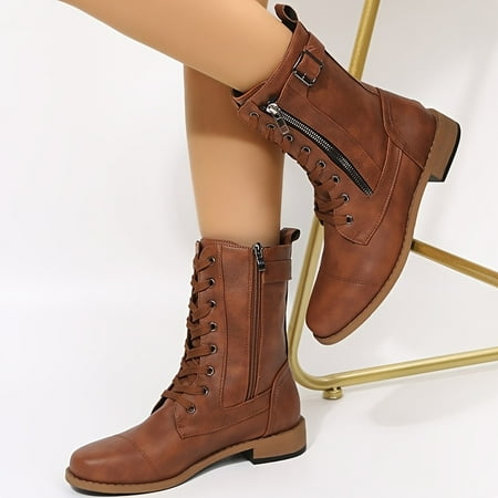 

Women‘s Zipper Side Mid-calf Boots Lace Up Flat Boots Women‘s Footwear
