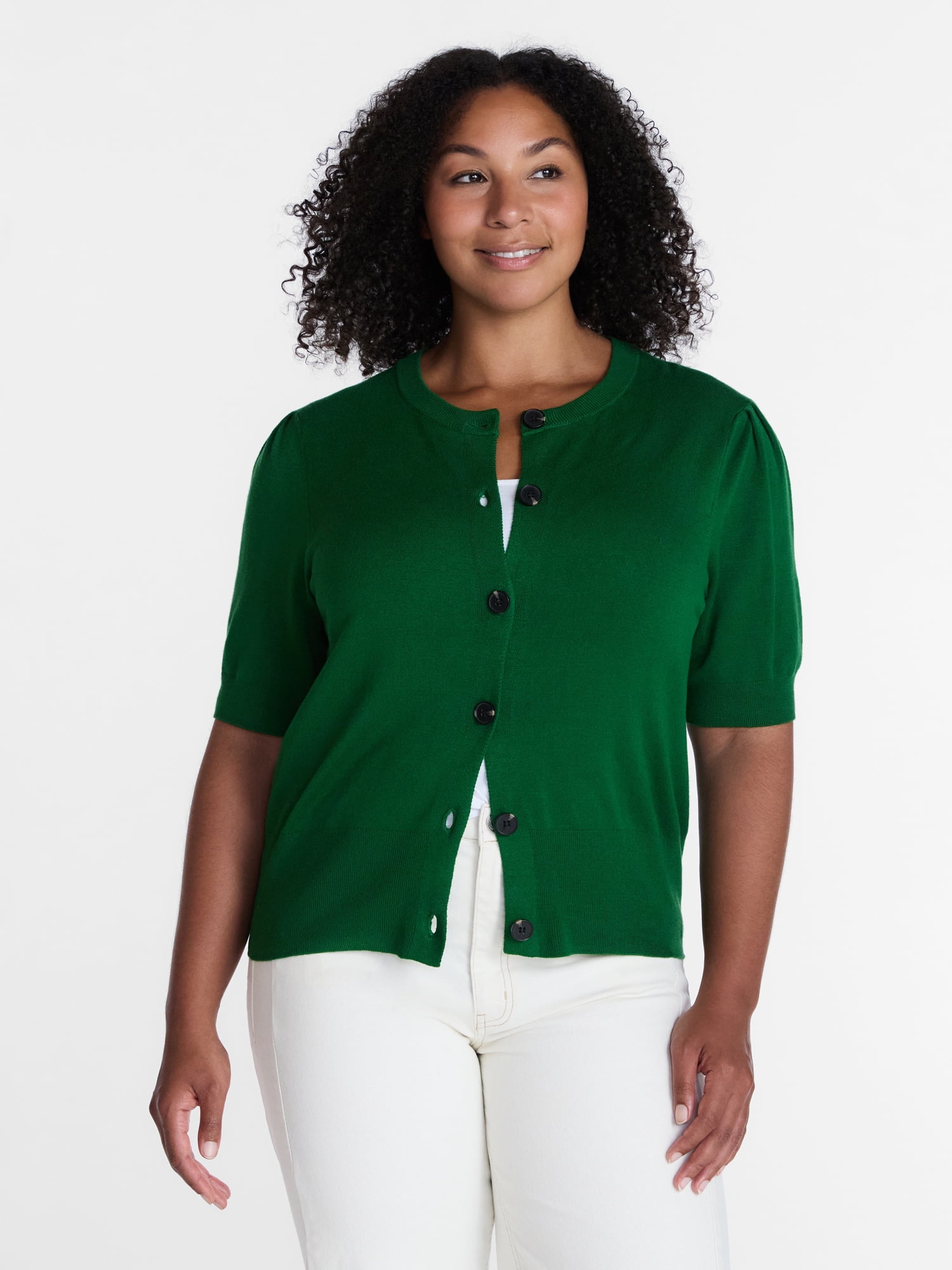 Time and Tru Women's Crewneck Cardigan with Short Sleeves, Lightweight, Sizes XS-XXXL