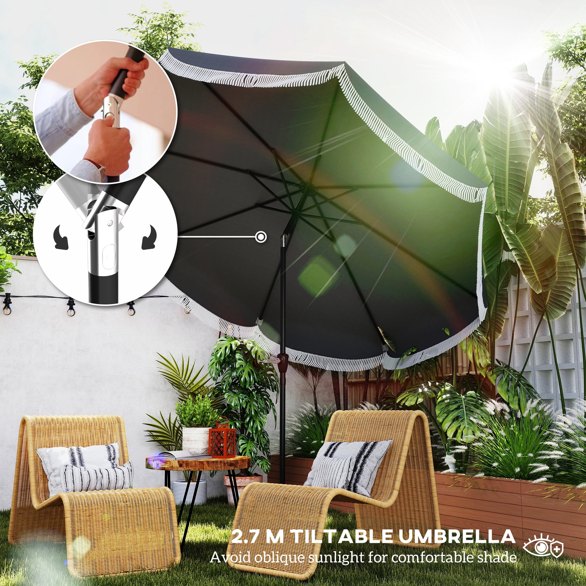 Outsunny 9FT Patio Umbrella, UPF 30+ Outdoor Market Umbrella, Vented Patio Table Umbrella with Crank, 8 Ribs, Push Button Tilt, Charcoal Gray