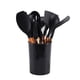 thumbnail image 1 of Juego de utensilios de cocina de silicona de 11 piezas, juego de utensilios de cocina con mango de madera resistente al calor y cubo de almacenamiento para acampar, color negro, 1 of 10
