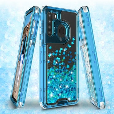 Case for Samsung Galaxy A21 Case Liquid Glitter Waterfall Heavy Duty Shockproof for Girls Women Cover - Teal