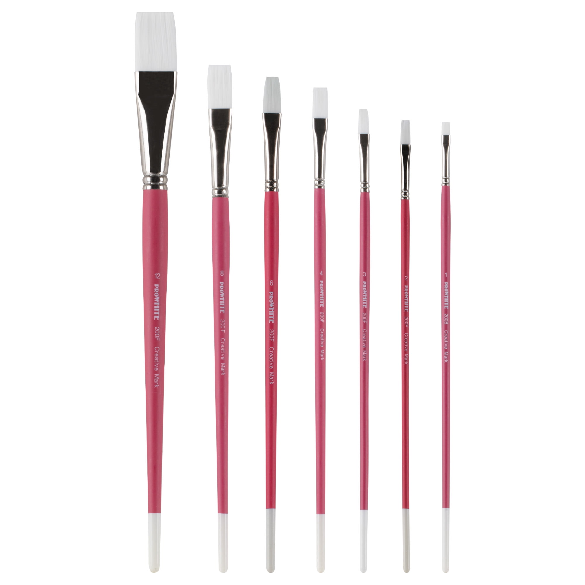 Creative Mark Pro White Soft Filament Acrylic Paint Brushes - Assorted Flat Set of 7 - Seamless Ferrule - Short Wood Handle Brushes for Acrylic Painting Acrylic Gouache, Oils & Casein