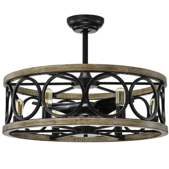 Marion Matte Black Imitation Wood Grain 30-Inch 6-Light Open Metal Drum Shade Fandelier