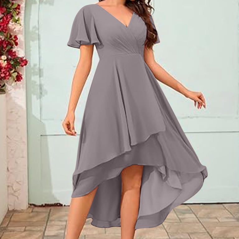 nerohusy Womens Short Bridesmaid Dresses Chiffon A Line Flutter Sleeve High  Low Ruched Bust Wedding Guests Formal Evening Party Gown 2025 Gray,XXL -  Walmart.com