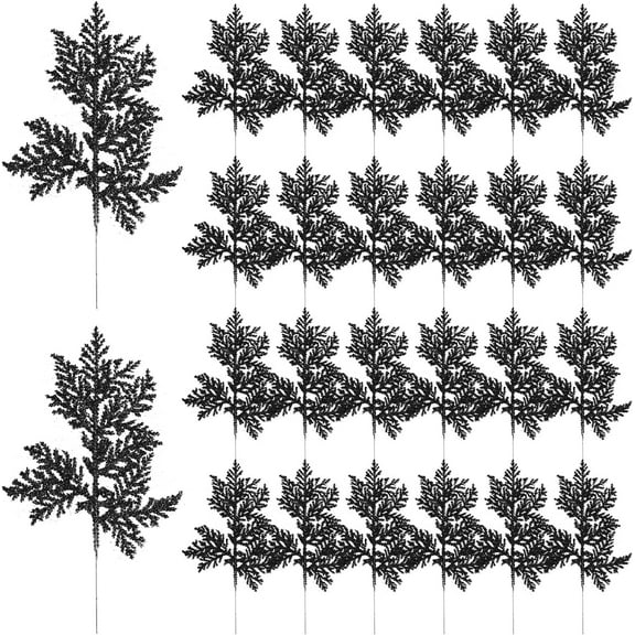 24 Pack Artificial Glitter Fern Leaves, 11'' Christmas Tree Filler Branches Floral Picks Pine Needles Fake Twigs Leaves Ornaments for Xmas Tree Holiday Wreath Home Decorations