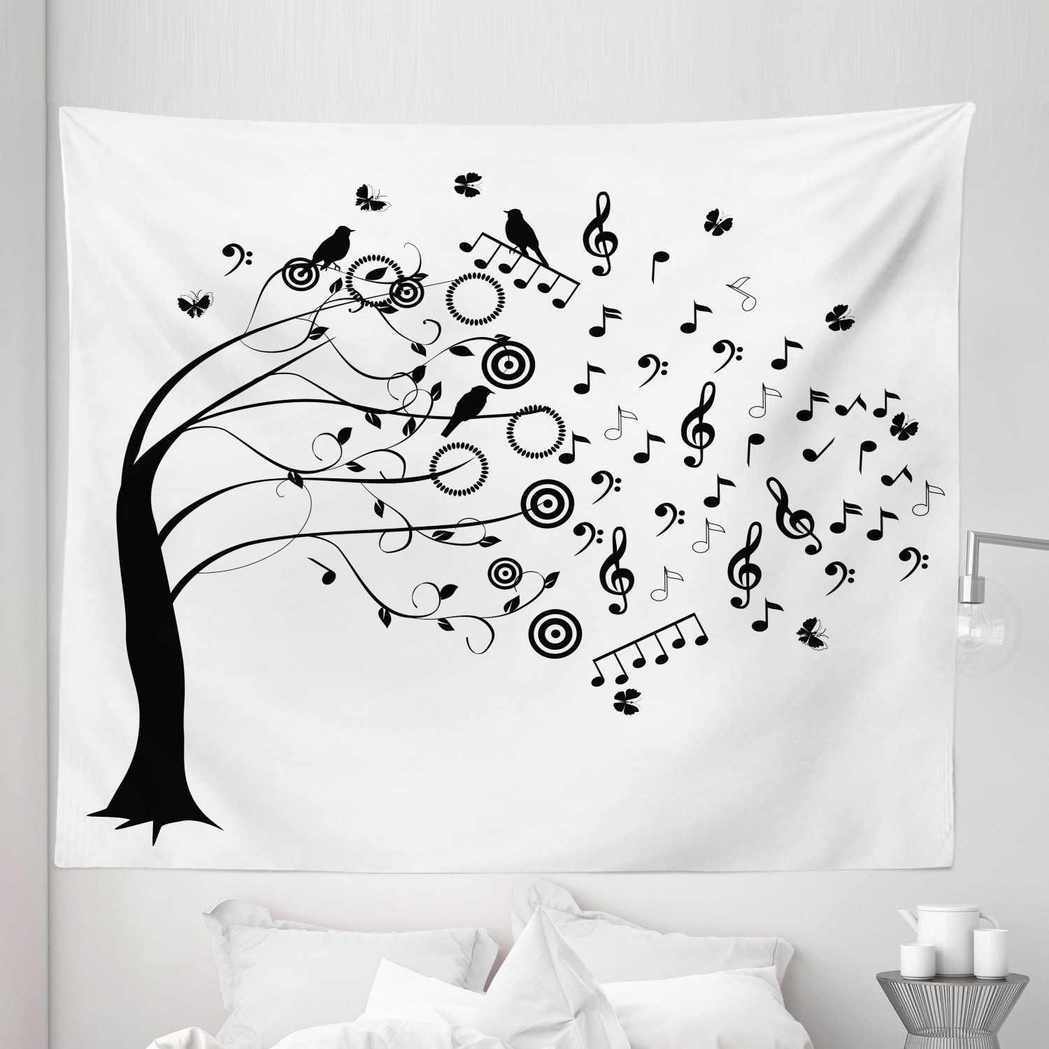 Tree Note Wall Music Note Tapestry, Layout of Flowing Motifs Off of a Tree with Birds ...